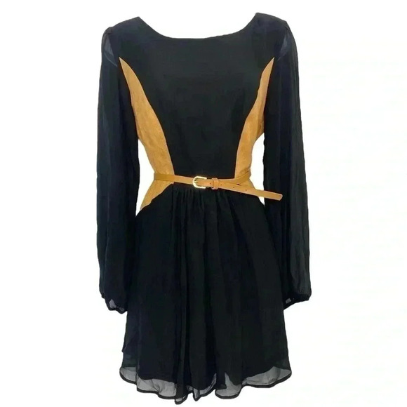 My Michelle Black Sheer Long sleeve Belted Button Back Detail Dress - Picture 1 of 9